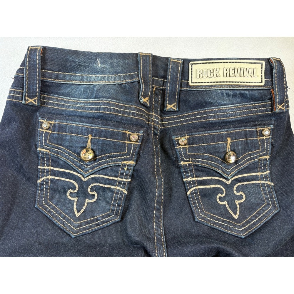 Rock Revival Skinny Jeans Dark Wash Embellished Back Pockets Signature Stitching - Picture 5 of 11